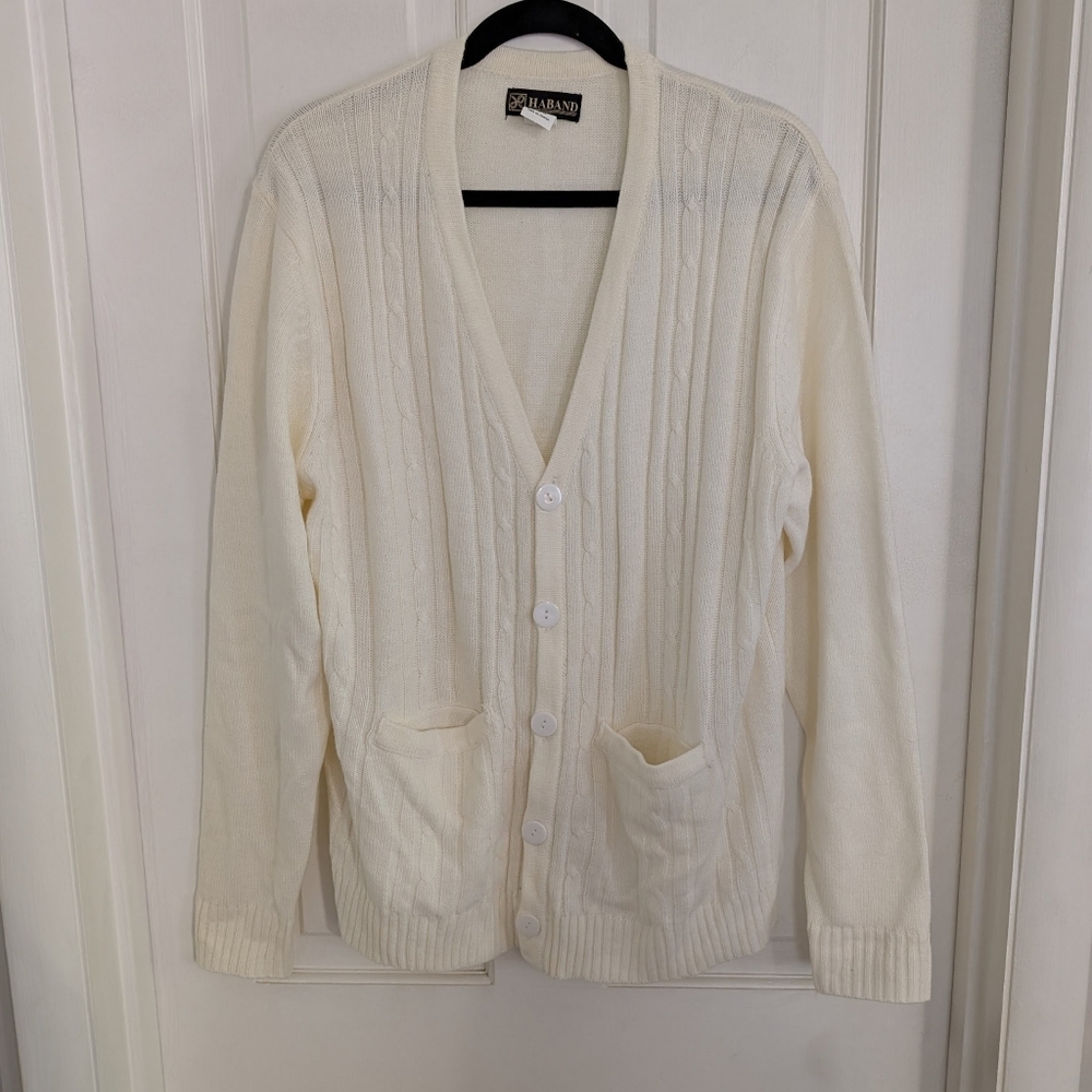VTG Haband Mens Cardigan Sweater MEDIUM Cable Knit Grandpa Preppy Comfort Ivory